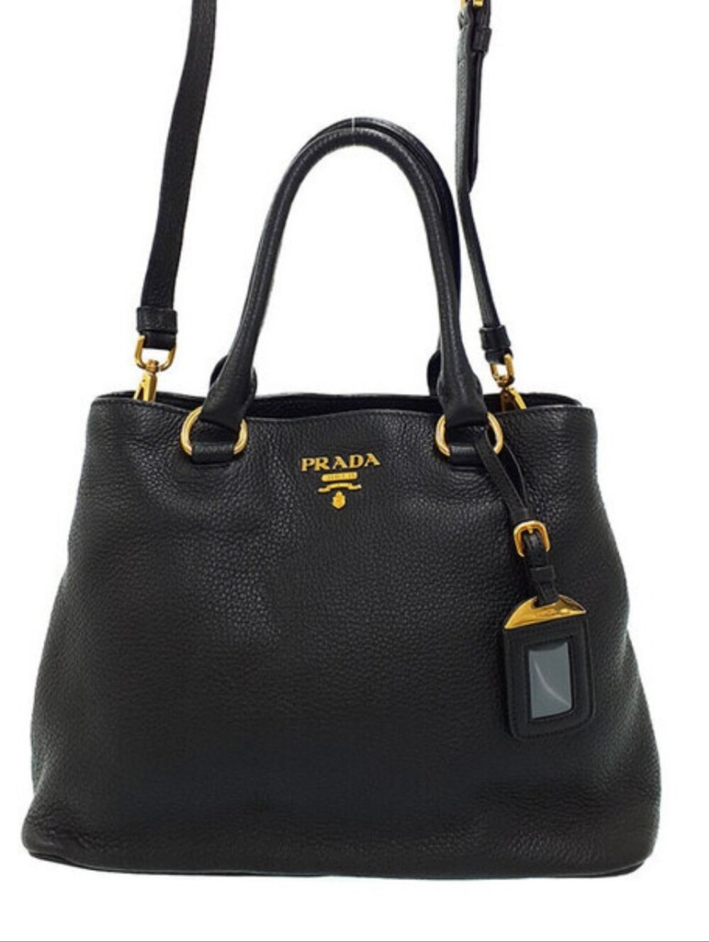 Prada Vitello  Black Leather Tote with Gold Hardware